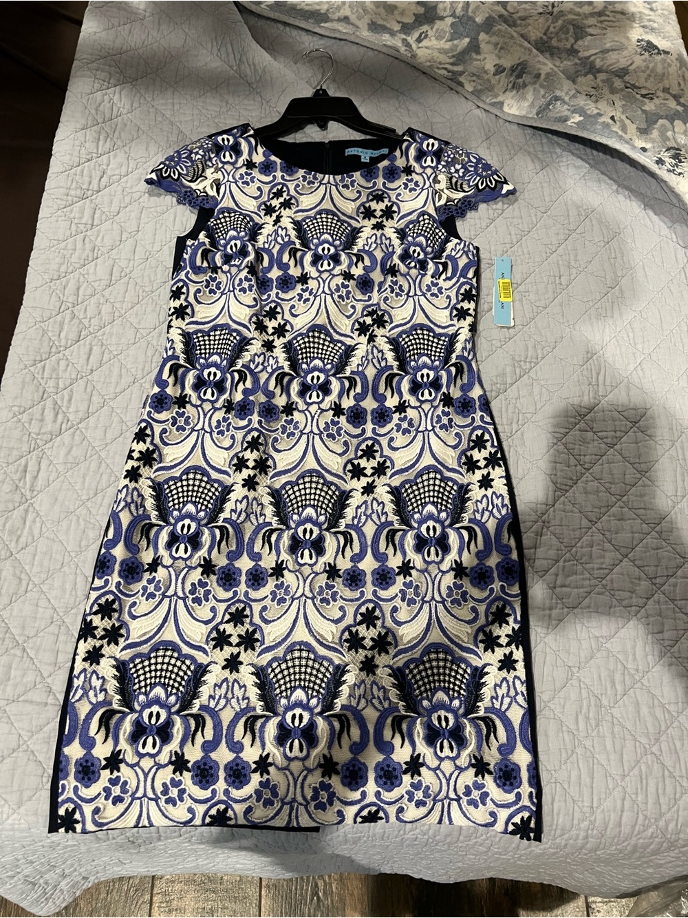 ANTONIO MELANI Blue, White and Black Floral Jacquard Dress